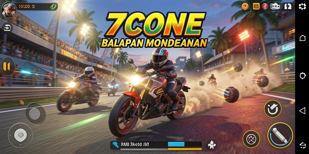 Tampilan gameplay menegangkan dari 7CONE dengan balapan motor yang cepat.