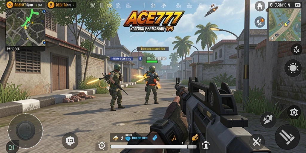 Screenshot utama ACE777 menampilkan aksi tembak-menembak intens.
