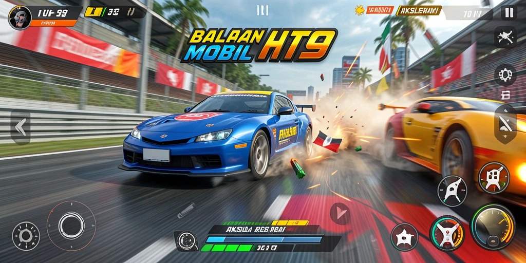 Menampilkan aksi balapan intens di HIT9 dengan mobil yang melaju kencang.