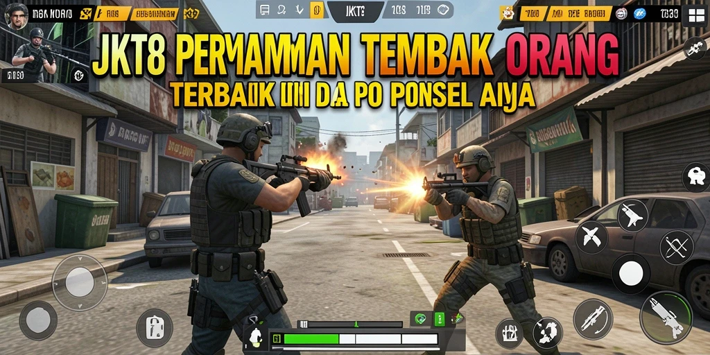 Screenshot gameplay JKT8 menampilkan aksi tembak-menembak yang seru.