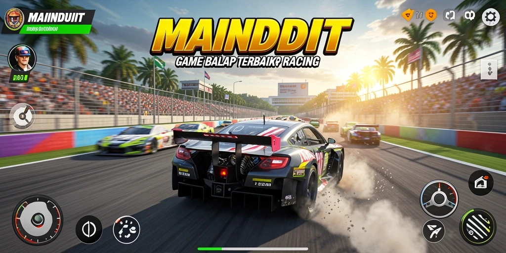 Tampilan gameplay seru dari MAINDUIT saat balapan di trek penuh tantangan.
