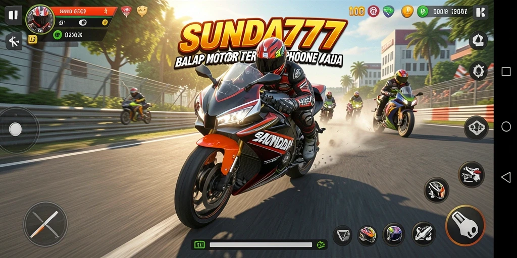 Tampilan gameplay menarik dengan balapan motor yang cepat dan mendebarkan.
